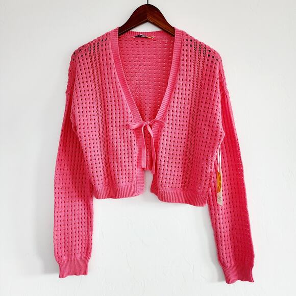C&C California Coral Pink Open Knit Crochet Tie Front Cardigan Size Large - Picture 5 of 7